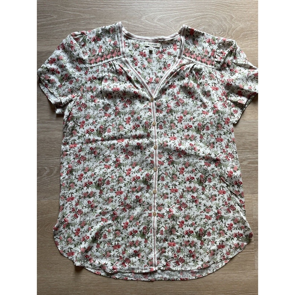 Max‎ Studio L Floral Shirt Cottage Core Button Up Short Sleeve Top Pink Prairie